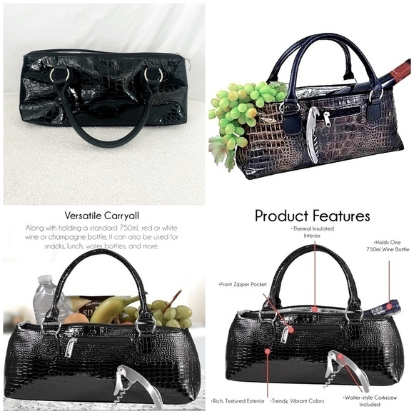 primeware Handbags - Insulated Wine Bottle Carrying Purse Faux Alligator Skin Black Bottle Opener Inc